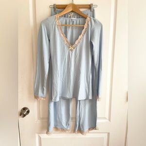 Eberjay Lace Trim Long Sleeve Pajama Set Small Bow Detail Baby Blue